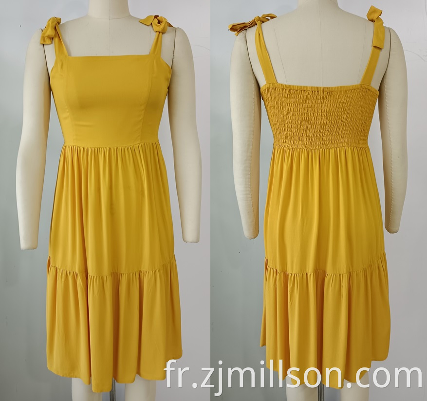 Woven Yellow Smocking Shoulder Straps Dress